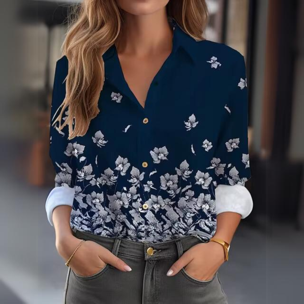 Women's Floral Button-Up Blouse – Long Sleeve Collared Casual Shirt