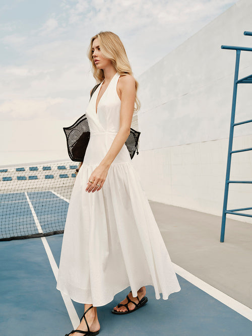 Maxi Cotton Halter Dress with V-Neck and Open Back – Elegant Summer Women's Dress 0
