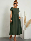Women's Round Neck Loose-Fit Midi Summer Dress – Lightweight Casual Dress