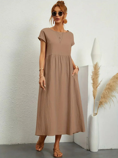 Women's Round Neck Loose-Fit Midi Summer Dress – Lightweight Casual Dress