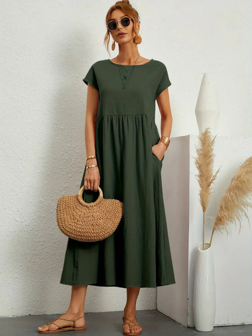 Women's Round Neck Loose-Fit Midi Summer Dress – Lightweight Casual Dress