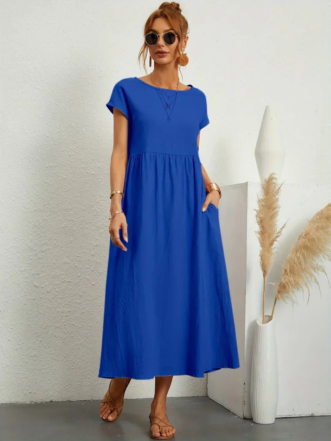 Women's Round Neck Loose-Fit Midi Summer Dress – Lightweight Casual Dress