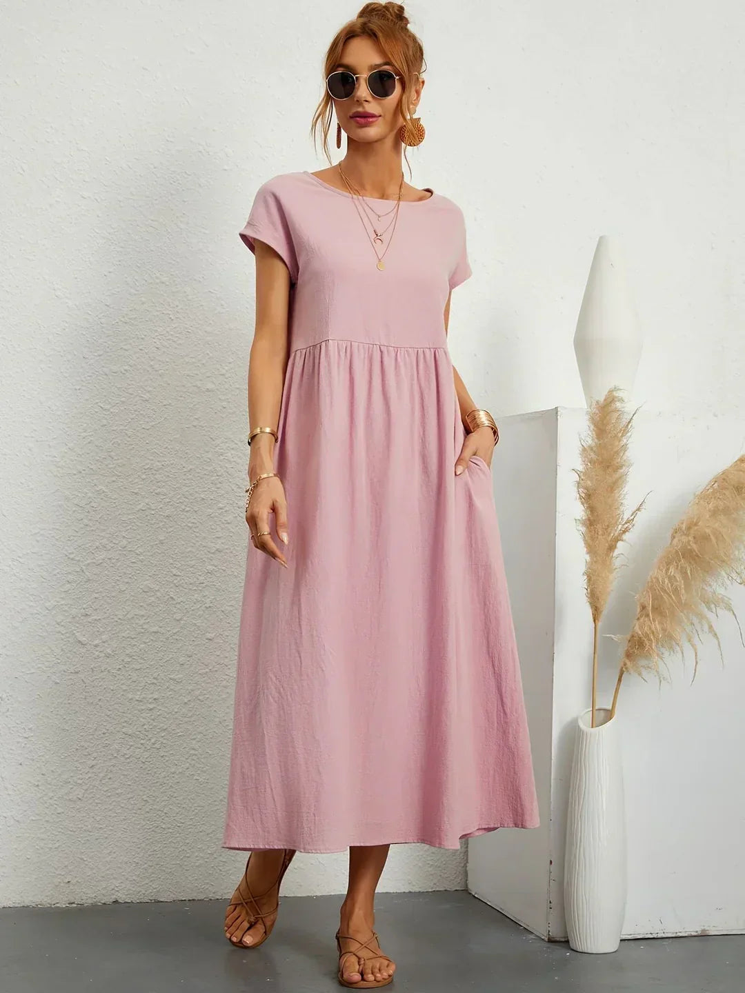 Women's Round Neck Loose-Fit Midi Summer Dress – Lightweight Casual Dress