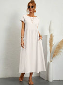 Women's Round Neck Loose-Fit Midi Summer Dress – Lightweight Casual Dress