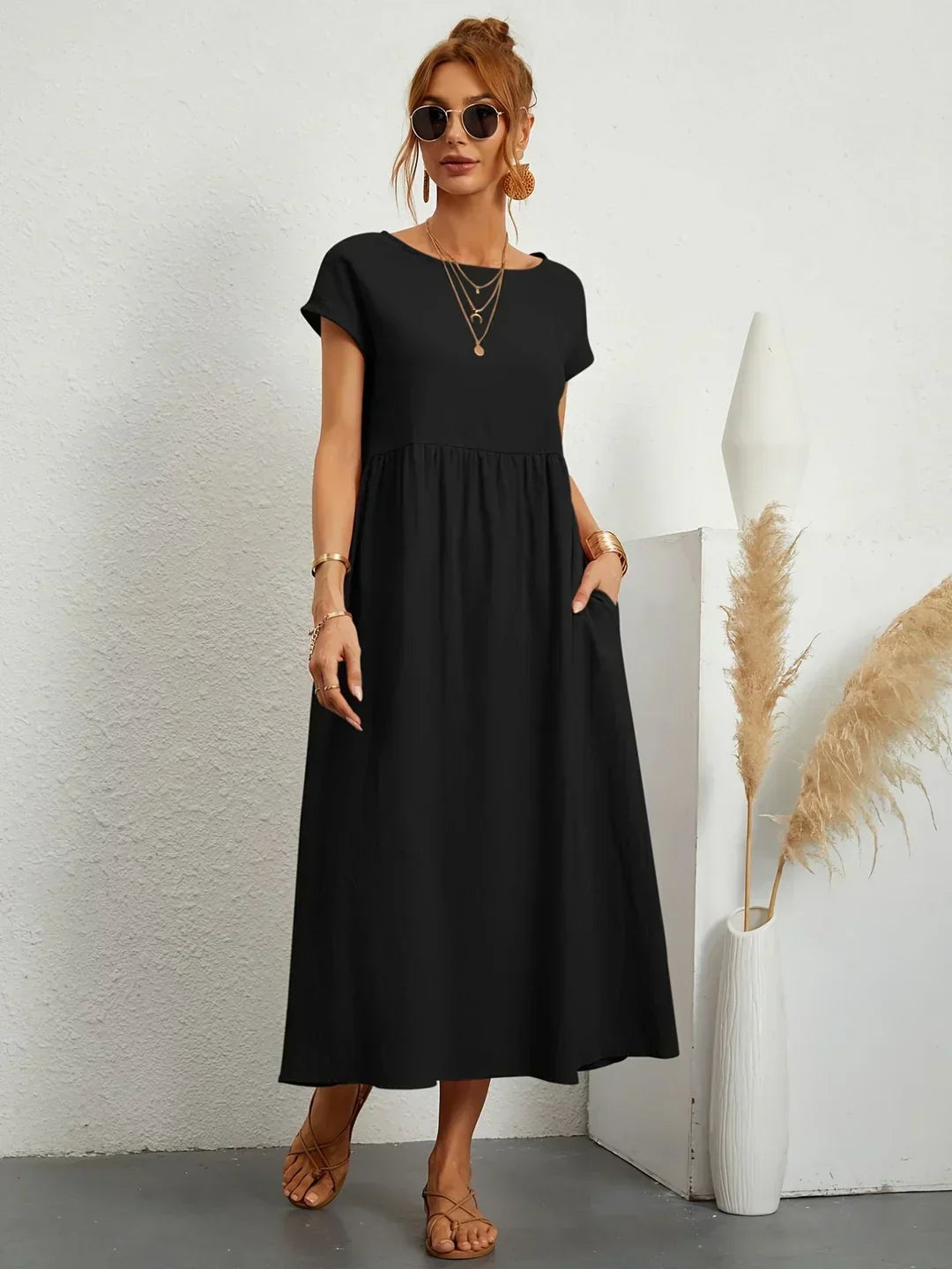 Women's Round Neck Loose-Fit Midi Summer Dress – Lightweight Casual Dress