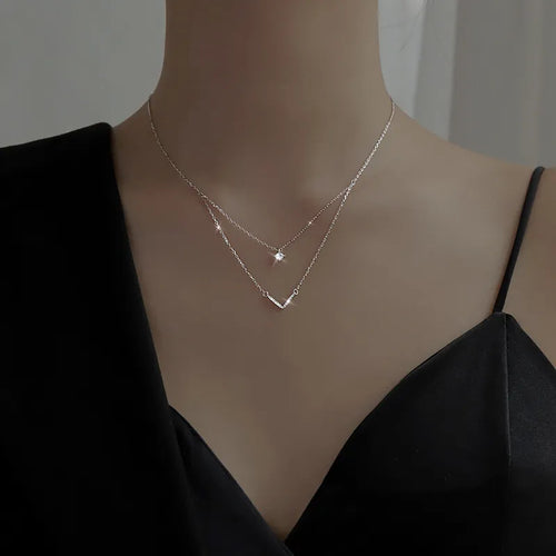 Women's Sparkling Zircon Double Layer V Necklace – Silver Chain Jewelry