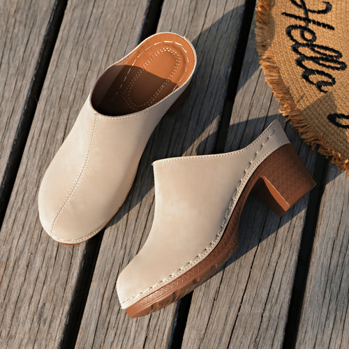 Women's Black Suede-Like Block Heel Mules With White Stitching