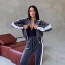 Women’s Zip-Up Velvet Tracksuit With Side Stripe – Luxury Lounge Set