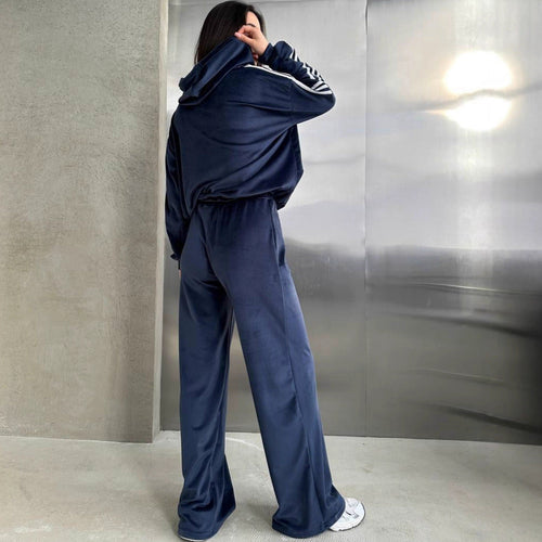 Women’s Velvet Hoodie And Wide Leg Trousers Set – Cozy Lounge Outfit