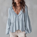 Women’s Flowing V-Neck Top With Gathered Details – Relaxed Elegant Blouse
