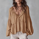 Women’s Flowing V-Neck Top With Gathered Details – Relaxed Elegant Blouse