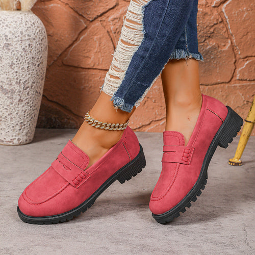 Women's Red Suede Chunky Platform Penny Loafers With Lug Sole