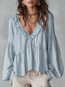 Women’s Flowing V-Neck Top With Gathered Details – Relaxed Elegant Blouse
