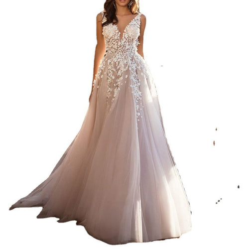 Women's Graceful V-Neck Floral Detail Wedding Dress – Romantic Bridal Gown
