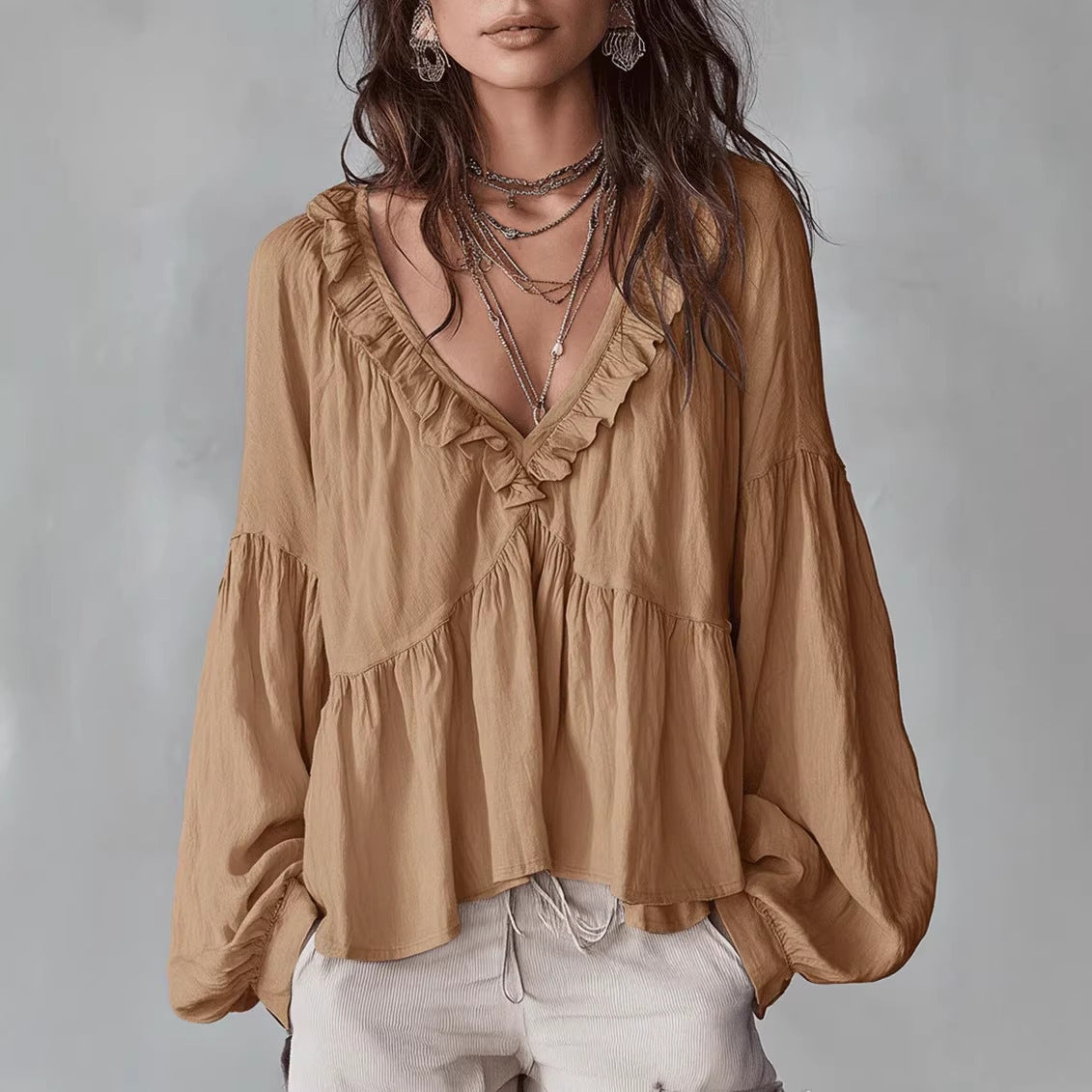 Women’s Flowing V-Neck Top With Gathered Details – Relaxed Elegant Blouse