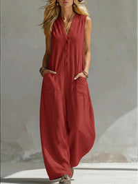 Women’s Sleeveless V-Neck Jumpsuit – Wide Leg With Pockets