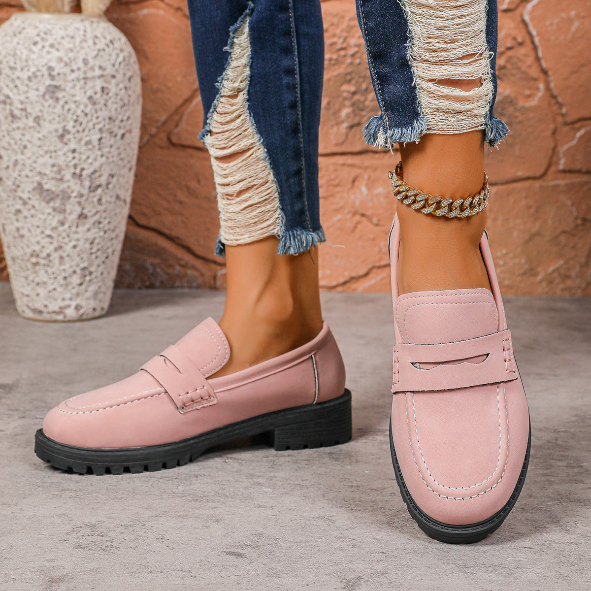 Women's Red Suede Chunky Platform Penny Loafers With Lug Sole