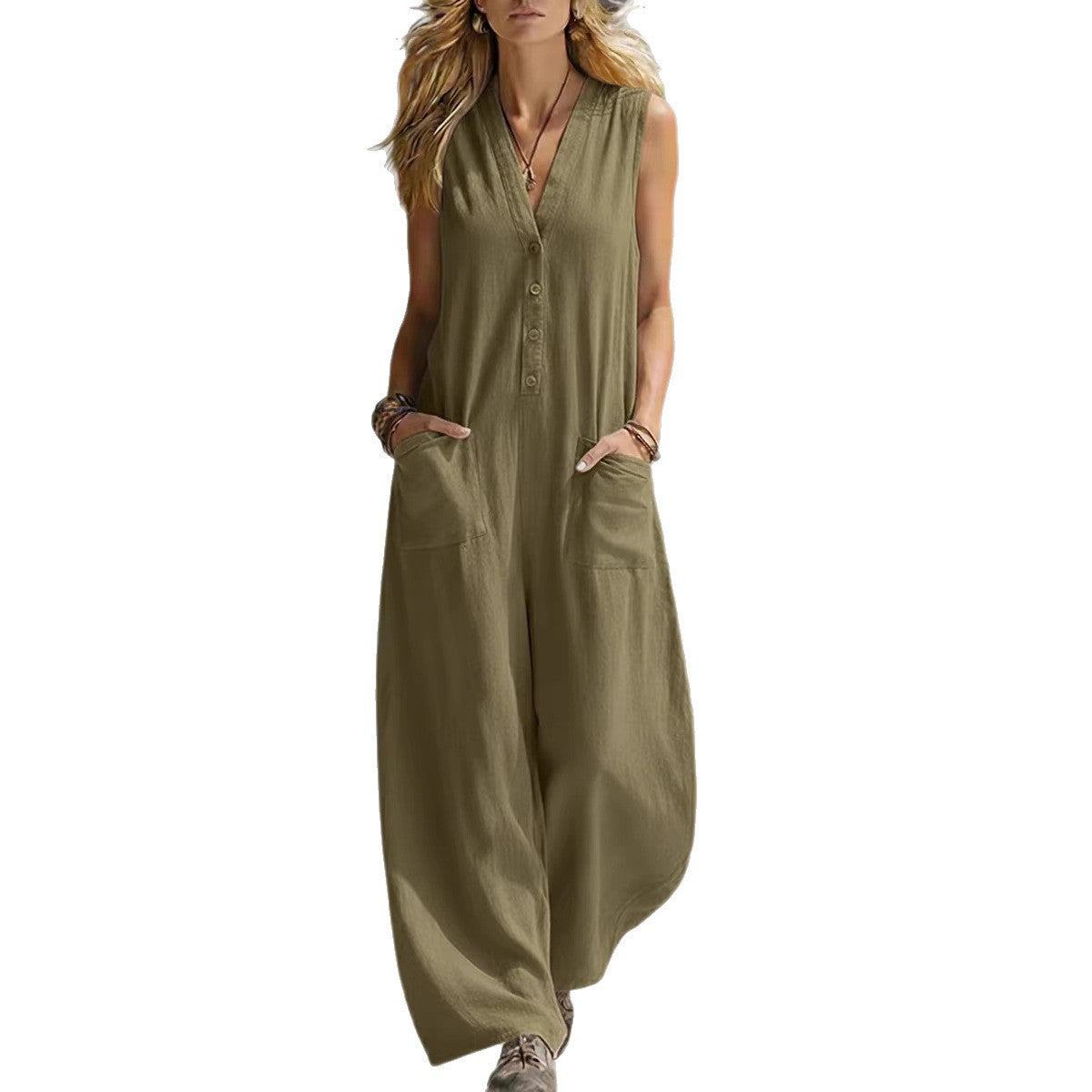 Women’s Sleeveless V-Neck Jumpsuit – Wide Leg With Pockets