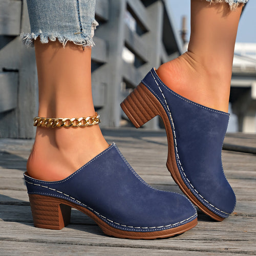 Women's Black Suede-Like Block Heel Mules With White Stitching