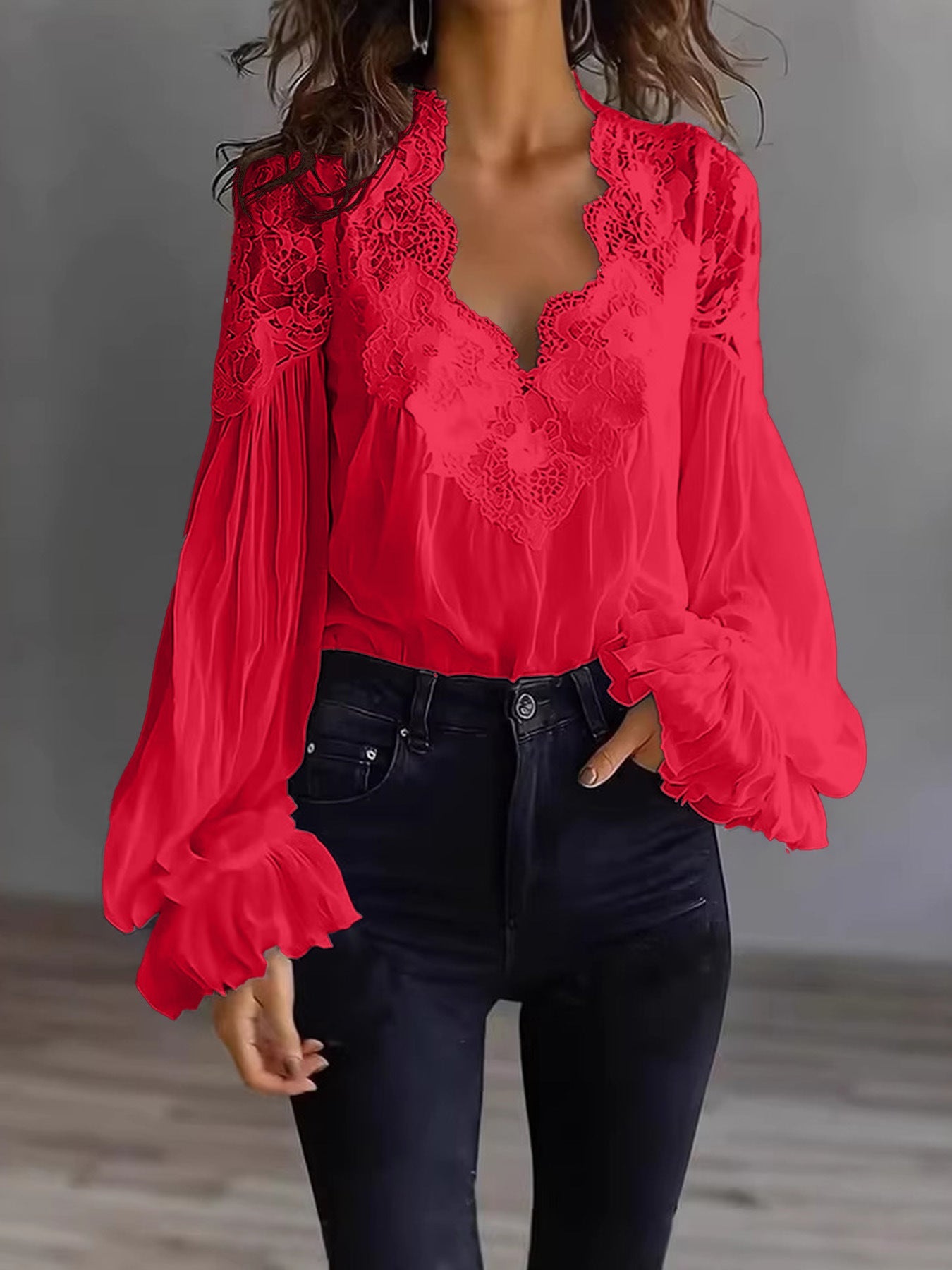 Women’s Long Puff Sleeve Lace Blouse – Elegant Vintage Style Top