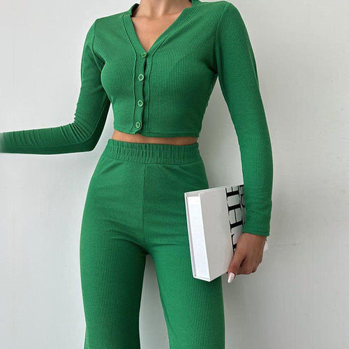 Women’s Fitted Crop Top And High Waist Pants Set – Buttoned Lounge Outfit