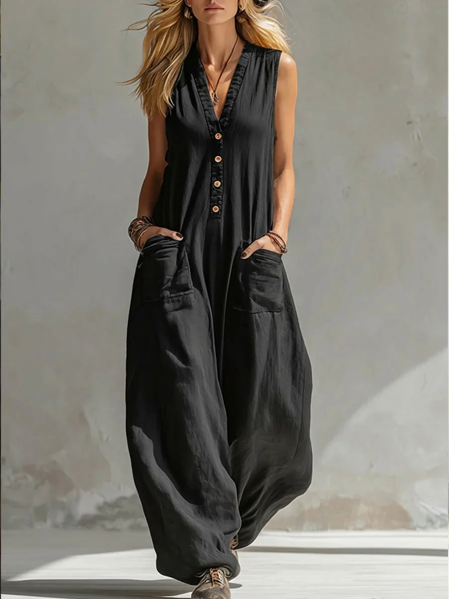 Women’s Sleeveless V-Neck Jumpsuit – Wide Leg With Pockets