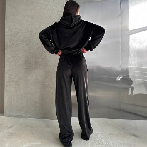 Women’s Velvet Hoodie And Wide Leg Trousers Set – Cozy Lounge Outfit
