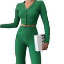 Women’s Fitted Crop Top And High Waist Pants Set – Buttoned Lounge Outfit