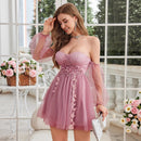 Women's Pink Off-Shoulder Mesh Dress With Floral Applique Detail – Elegant Party Dress