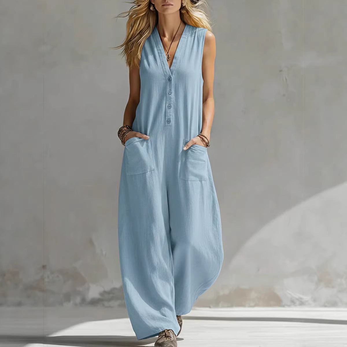 Women’s Sleeveless V-Neck Jumpsuit – Wide Leg With Pockets