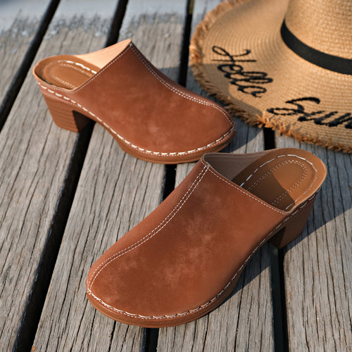 Women's Black Suede-Like Block Heel Mules With White Stitching