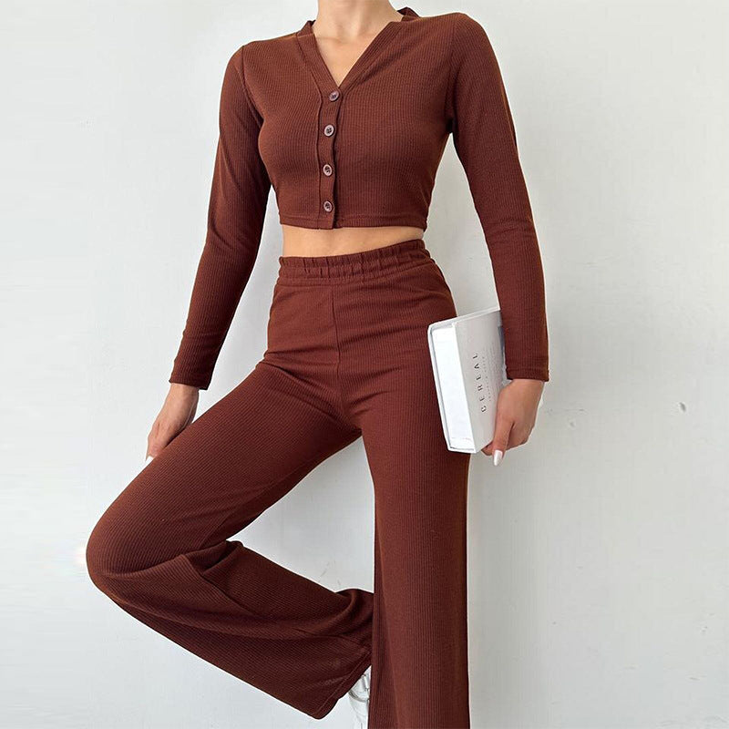 Women’s Fitted Crop Top And High Waist Pants Set – Buttoned Lounge Outfit