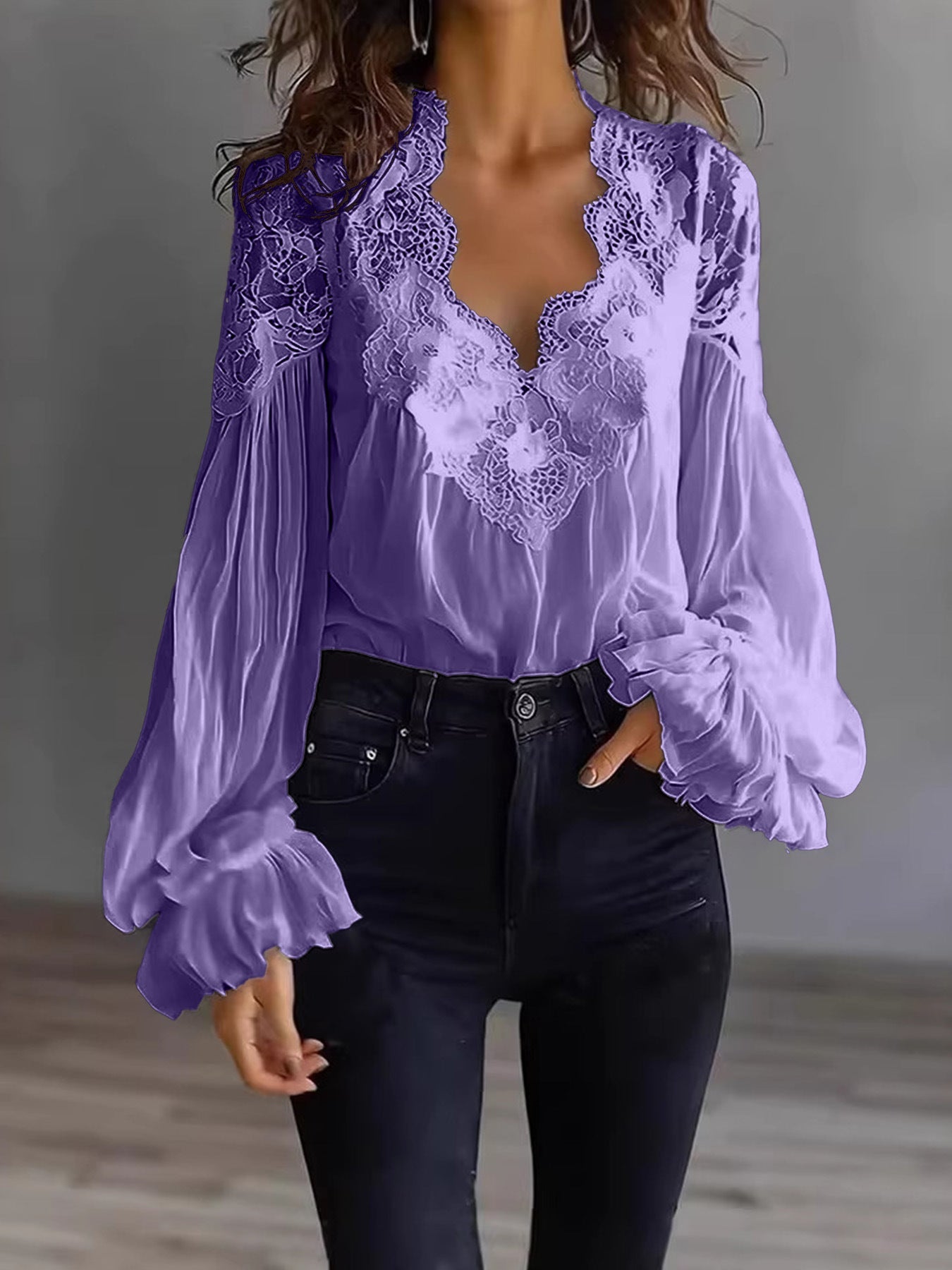 Women’s Long Puff Sleeve Lace Blouse – Elegant Vintage Style Top