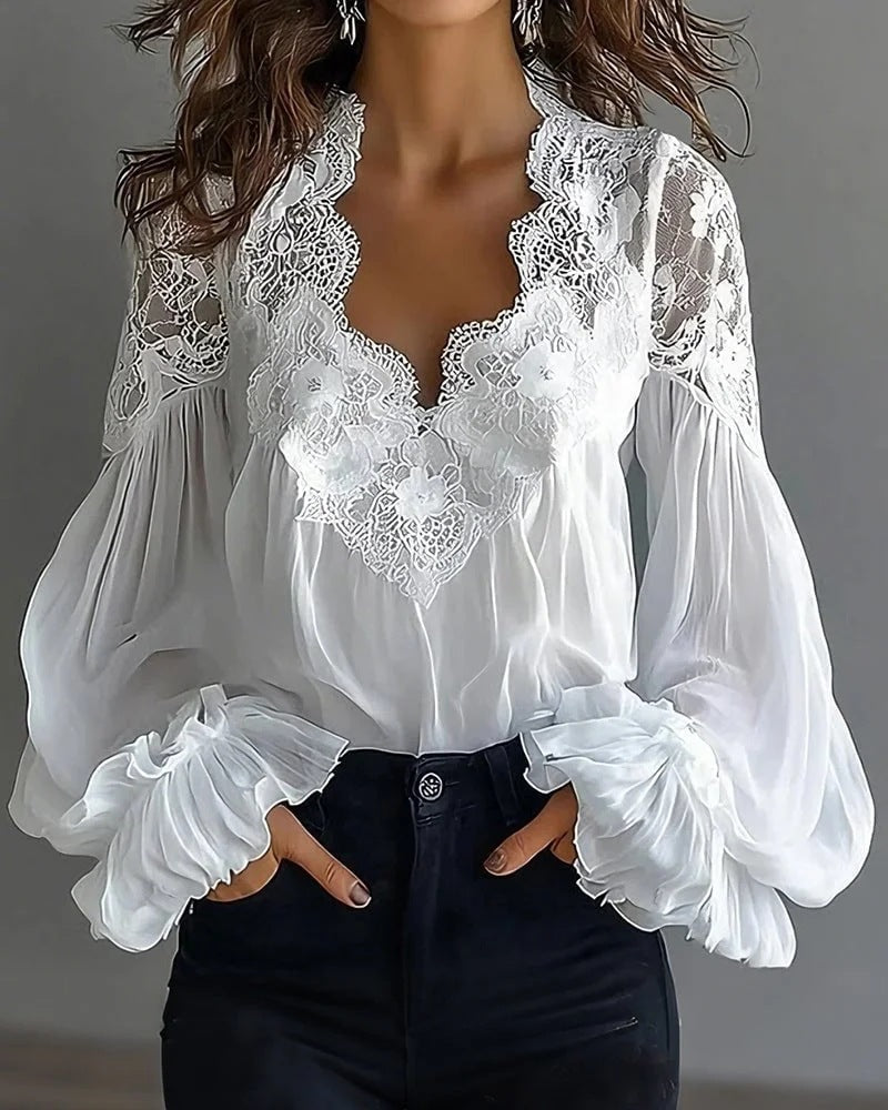 Women’s Long Puff Sleeve Lace Blouse – Elegant Vintage Style Top