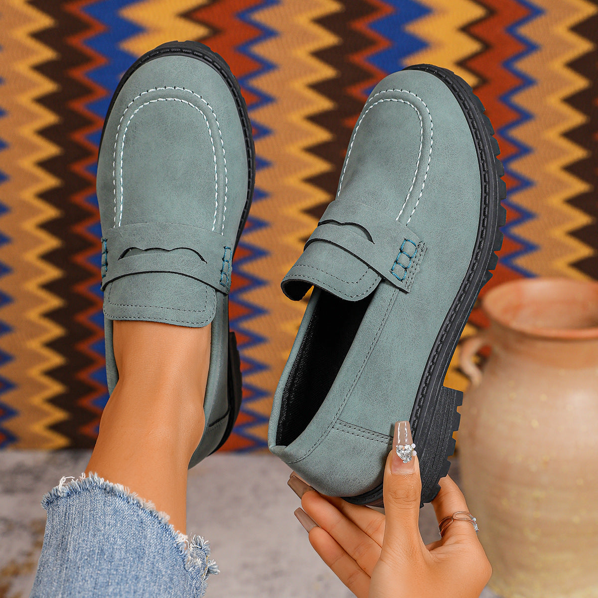Women's Red Suede Chunky Platform Penny Loafers With Lug Sole