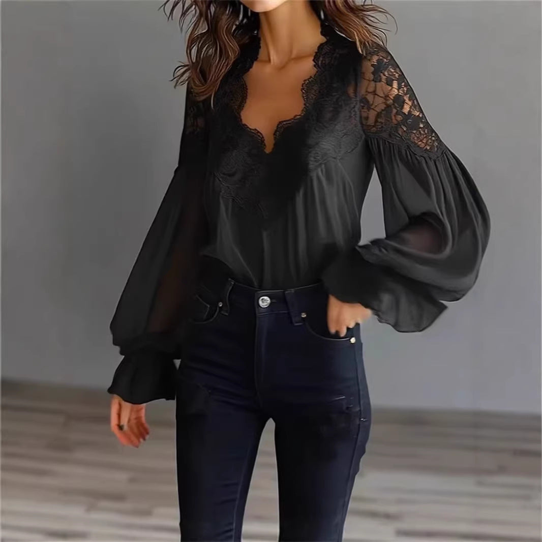 Women’s Long Puff Sleeve Lace Blouse – Elegant Vintage Style Top