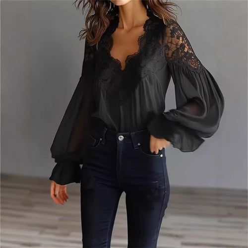 Women’s Long Puff Sleeve Lace Blouse – Elegant Vintage Style Top