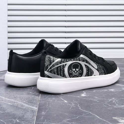 Women’s Black Lace-Up Sneakers With Skull Print – Cushioned Comfort Shoes