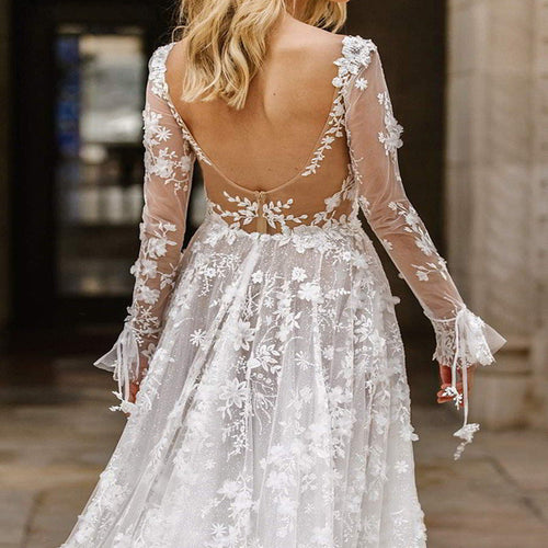 Women's Elegant Deep V-Neck Wedding Dress With Floral Lace Appliqués – Romantic Bridal Gown