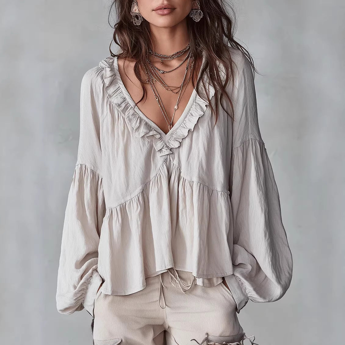 Women’s Flowing V-Neck Top With Gathered Details – Relaxed Elegant Blouse