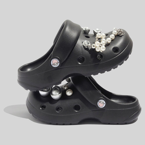 Women's Durable Black Clogs With Decorative Pearls And Beads