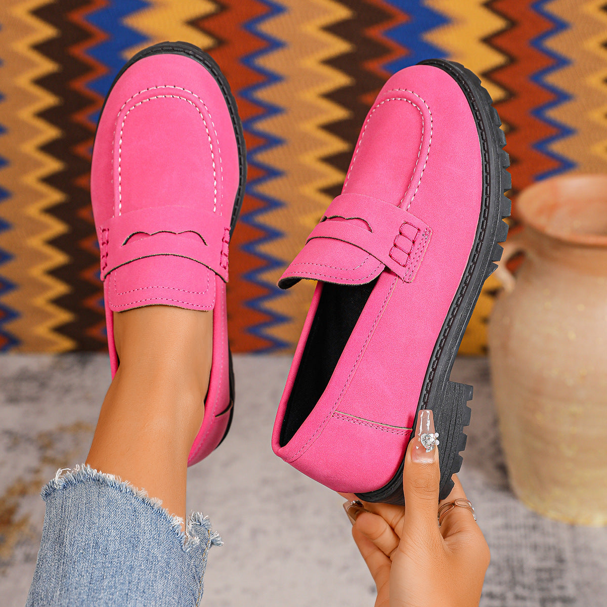 Women's Red Suede Chunky Platform Penny Loafers With Lug Sole