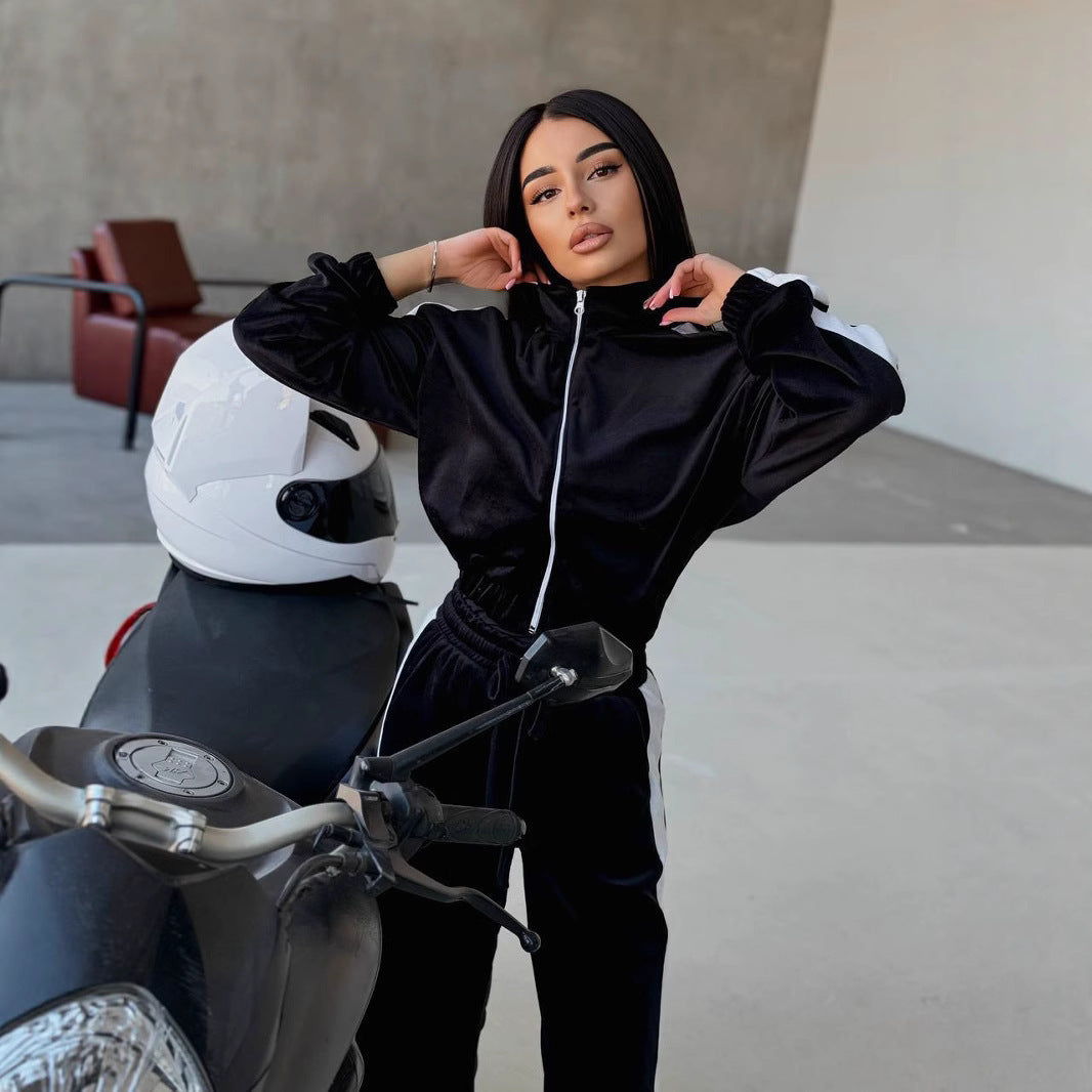 Women’s Zip-Up Velvet Tracksuit With Side Stripe – Luxury Lounge Set