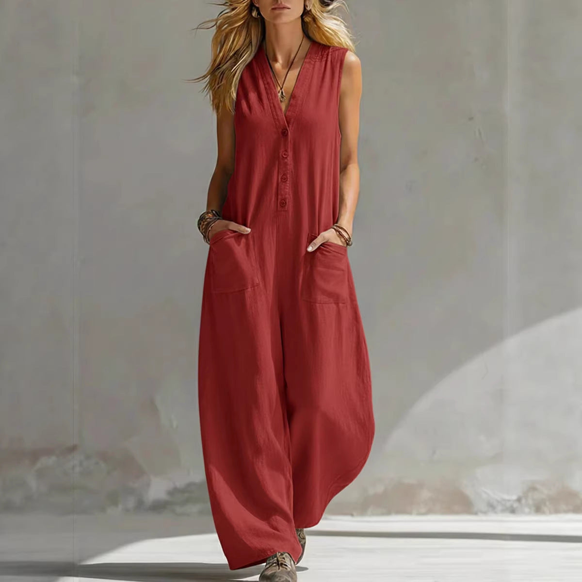 Women’s Sleeveless V-Neck Jumpsuit – Wide Leg With Pockets