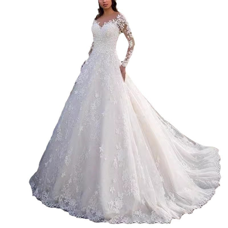 Women's Elegant Lace Detailed Wedding Dress With Voluminous Skirt – Princess Bridal Gown