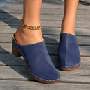 Women's Black Suede-Like Block Heel Mules With White Stitching