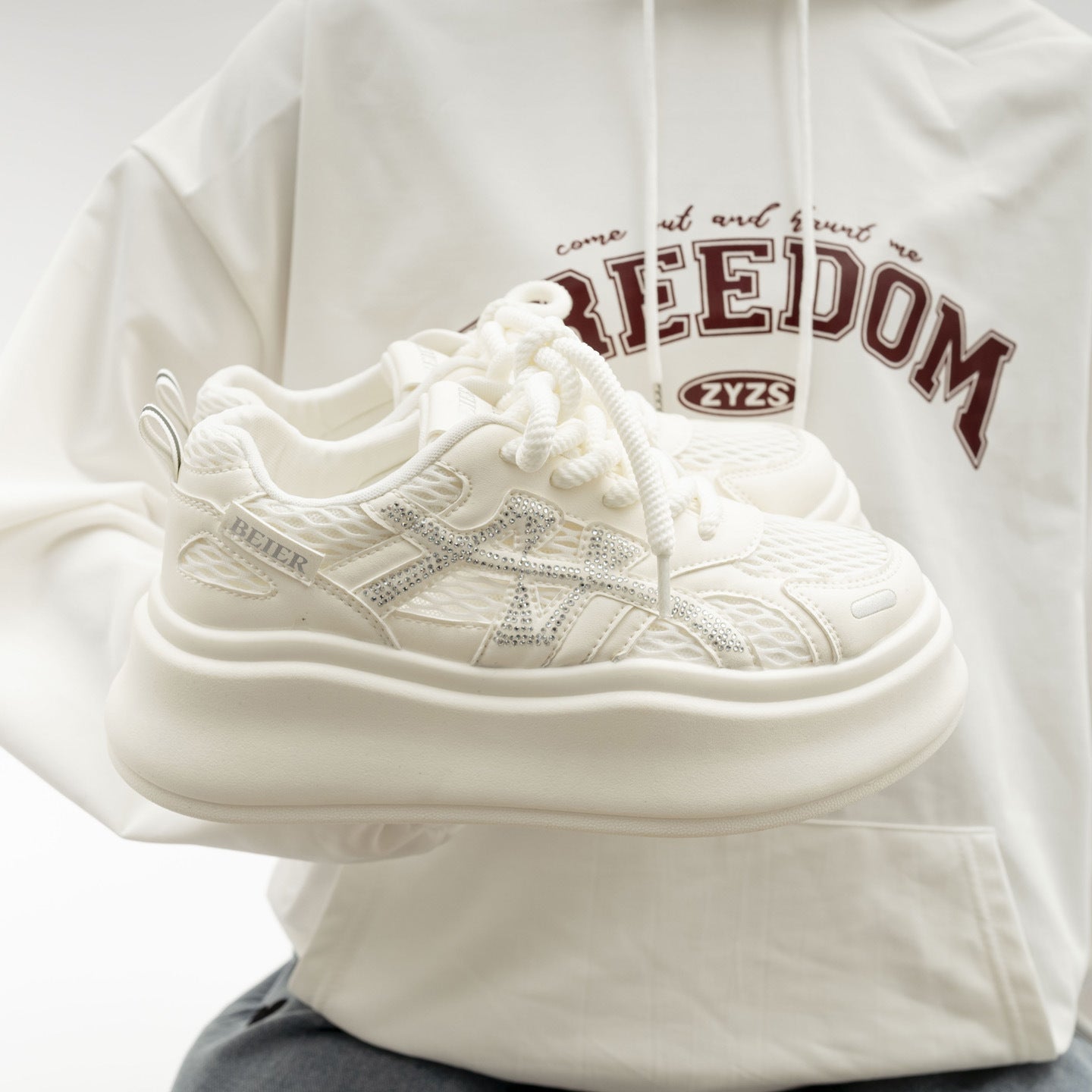 Women's White Mesh Platform Sneakers With Laced Up