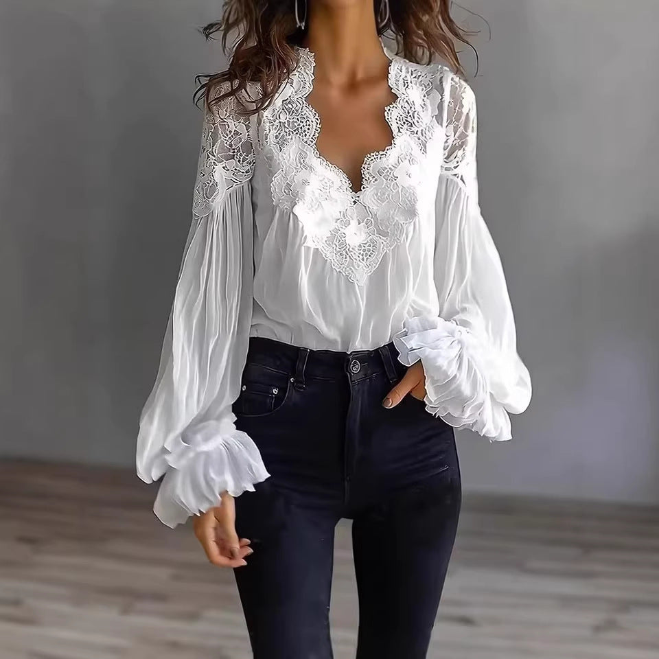 Women’s Long Puff Sleeve Lace Blouse – Elegant Vintage Style Top