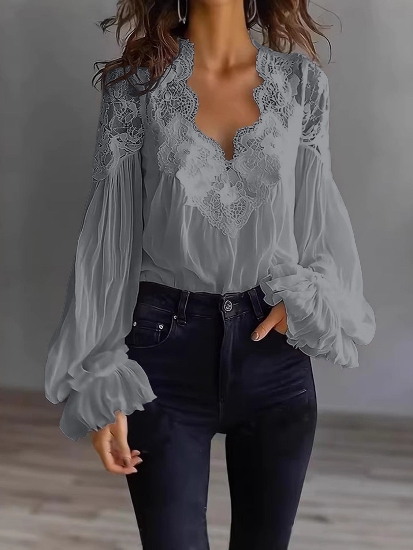 Women’s Long Puff Sleeve Lace Blouse – Elegant Vintage Style Top