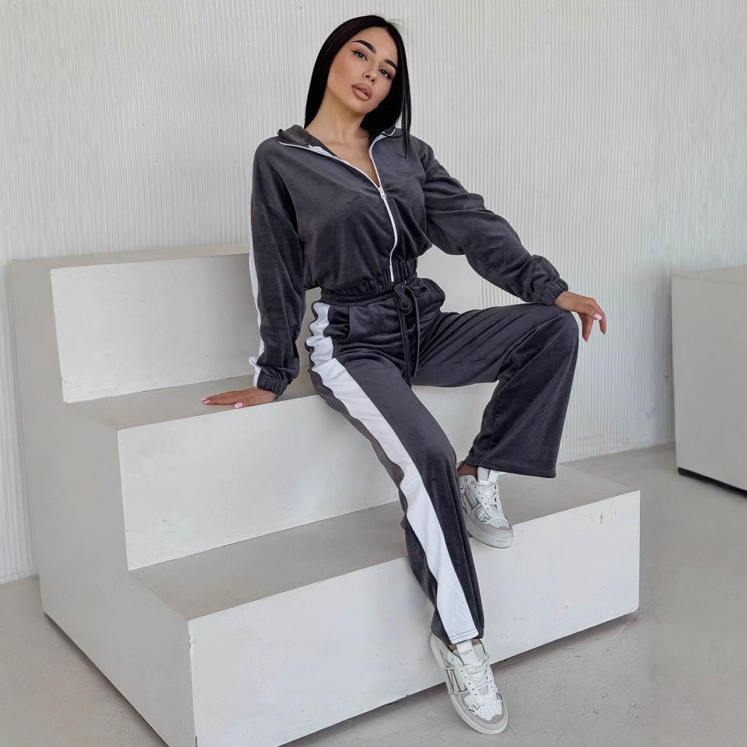 Women’s Zip-Up Velvet Tracksuit With Side Stripe – Luxury Lounge Set